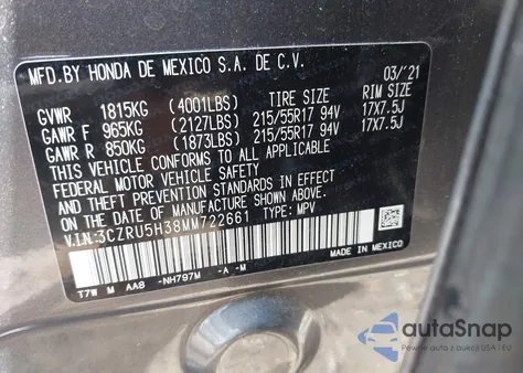 2021 Honda Hr-V 2Wd Lx из США, поврежденный, VIN 3CZRU5H38MM722661